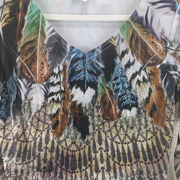 Sheer Sleeve Bling Feather Print Long Sleeve Top - Picture 3 of 11